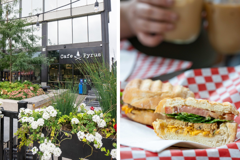 Image of Cafe Pyrus building and close up shot of breakfast sandwich.