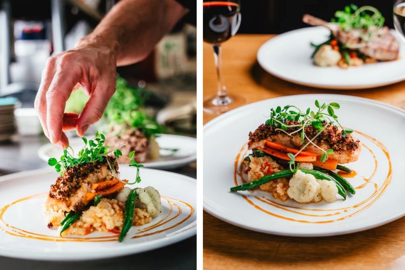 split image. Left Image shows hand placing greens on top of fish dish. Right Image shows close up of fish dish on a table with glass of red wine.