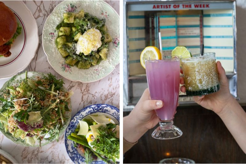 Split Image. Image on left shows table of a plate of salad, asparagus and egg dish, a pasta dish, and a sandwich. Image on right shows two drinks clinking glasses.