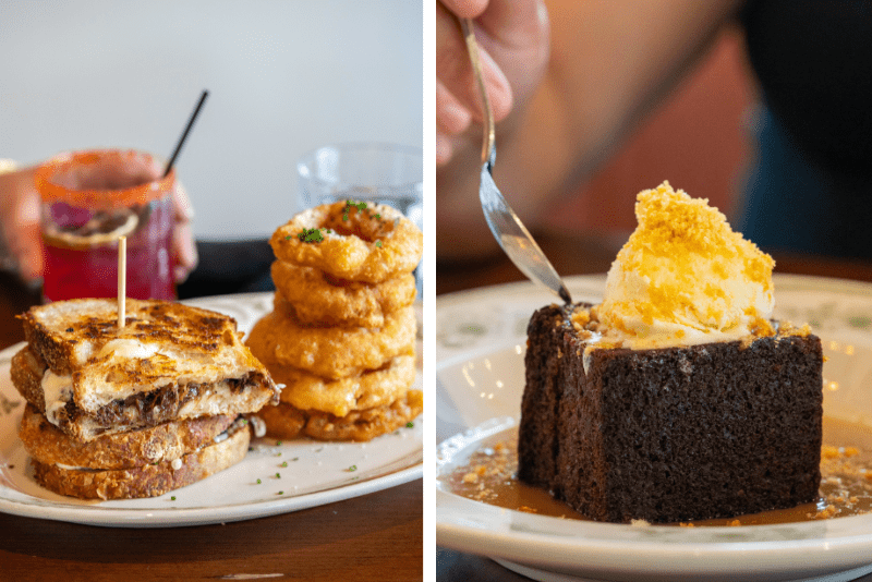 two images of grilled cheese sandwich and stack of fried onion rings along with a piece of toffee cake with ice creak on top.