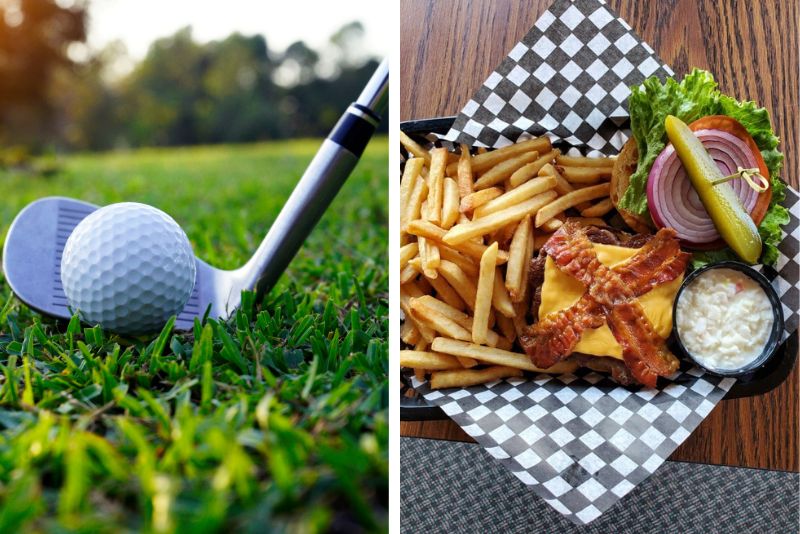 Split image. Left Image shows golf club behind golf ball on green ready to be hit. Right image shows a burger plate topped with bacon slices and cheese served with fries.