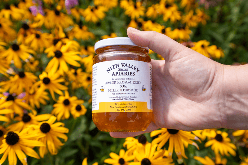 Close up of Nith Valley Apiaries Honey jar with background of yellow flowers.