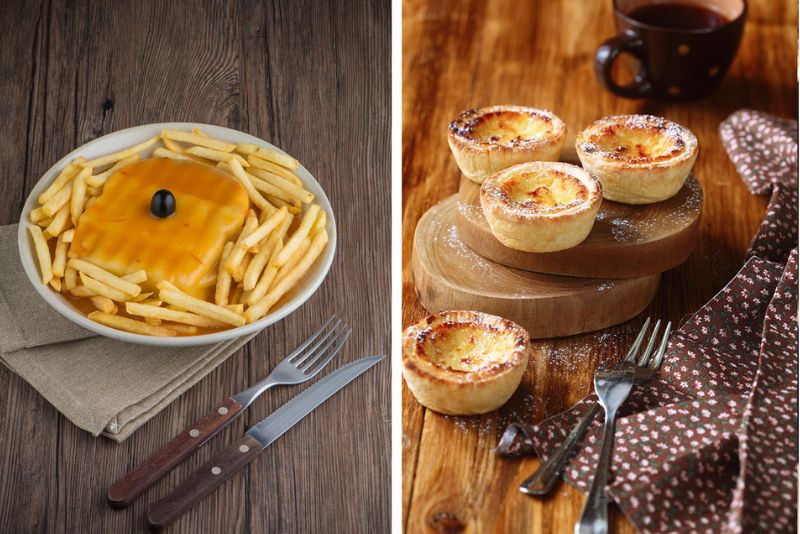 Split image. On left a plat of grilled cheese topped with extra melted cheese and a plate of fries. Right image shows 4 baked cream tarts on a serving board.