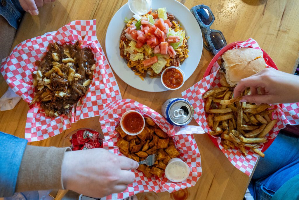 overhead shot of the food at Chummy's Grill