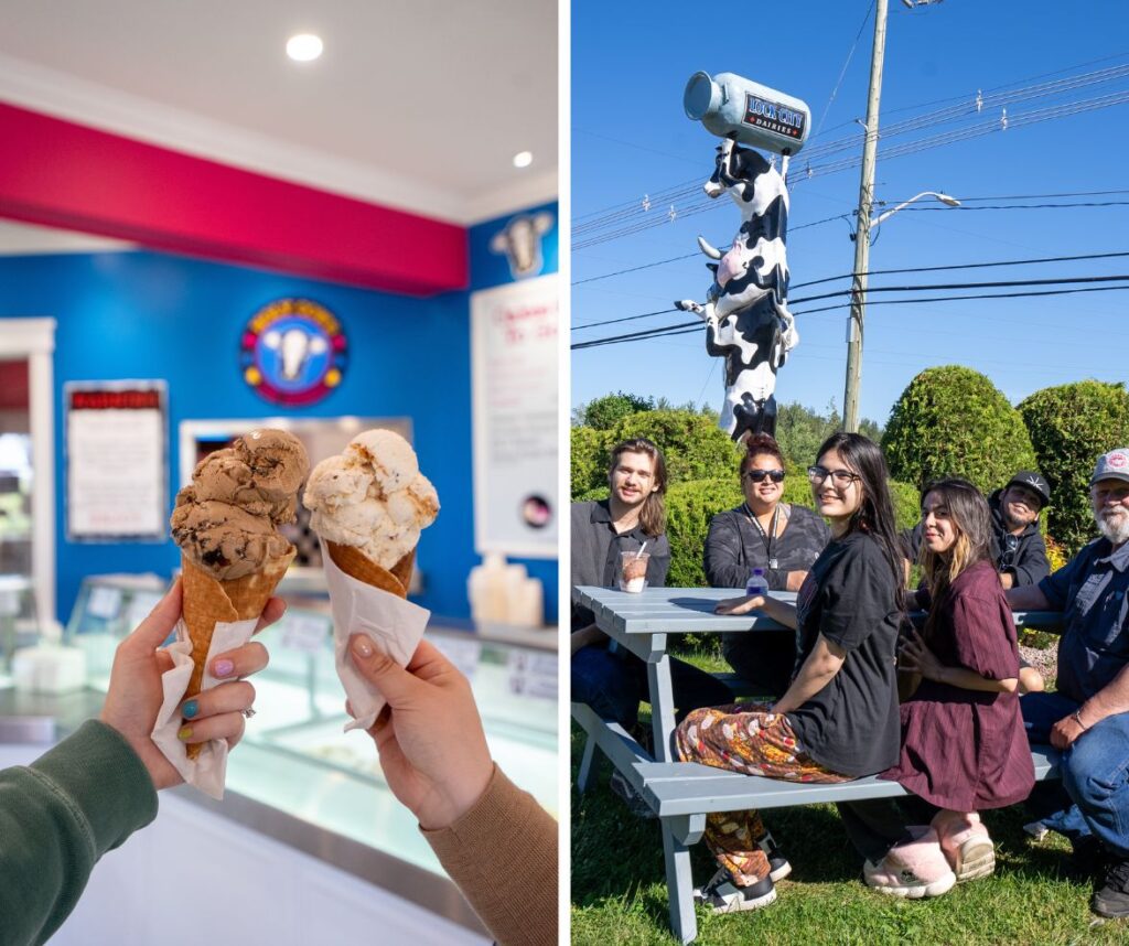 grid of two images at Holy Cow's Ice Cream. On the left: two hands holding ice cream, on the right: a family enjoying ice cream outside