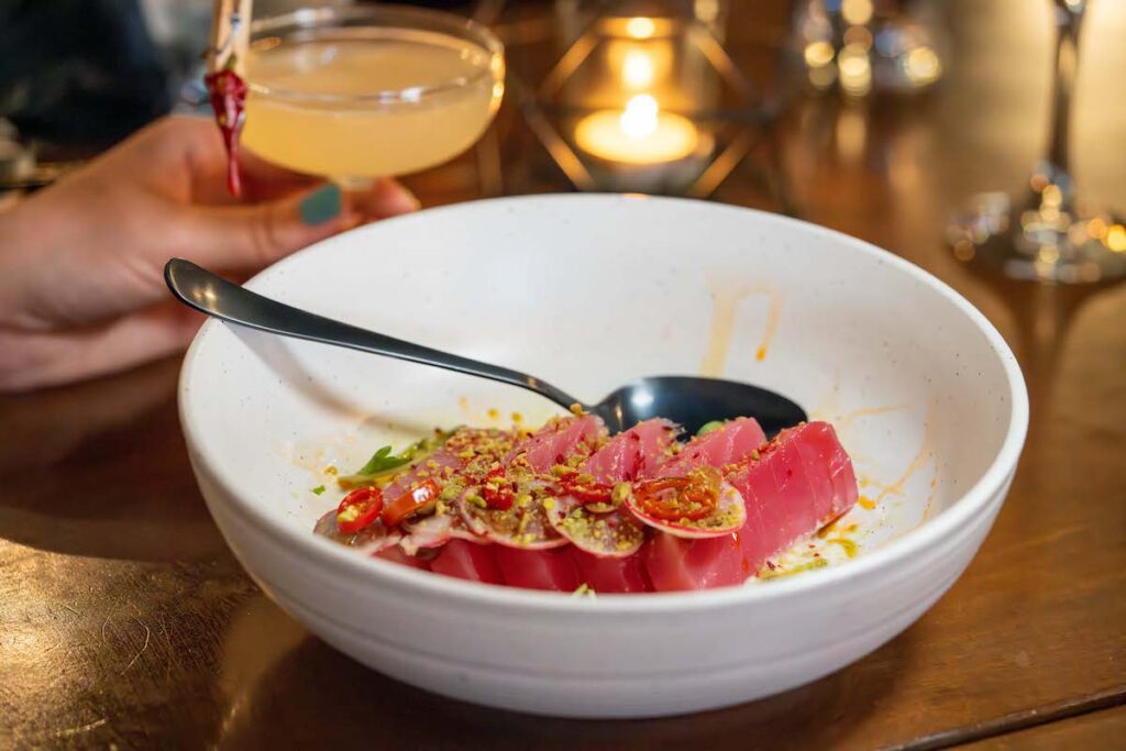 shot of the watermelon tuna ceviche at Peace Restaurant