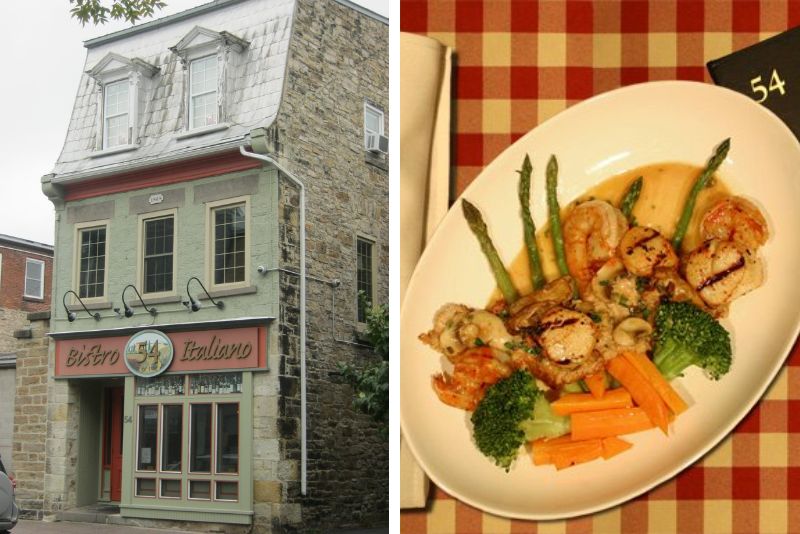 Split image. On right shows exterior of Bistro 54. Left shows a seafood dish with vegetables.