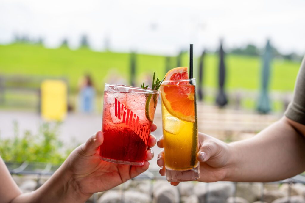 close up of two glasses clinking outdoor at Willibald Distillery.