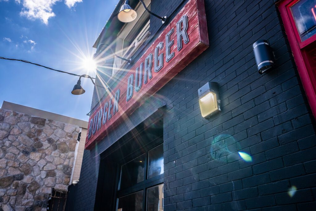 exterior of Burger Burger with a sun flare