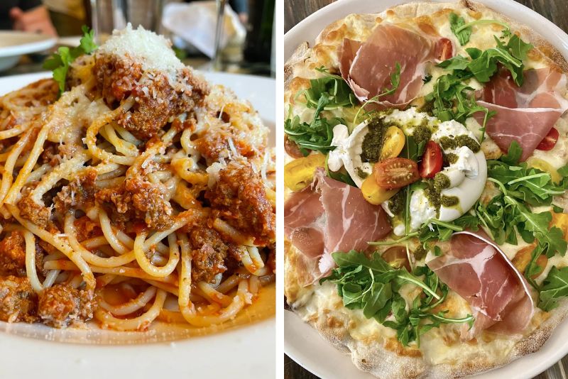 Split image. Left shows plate of pasta with red sauce and cheese. Right shows close up of prosciutto topped pizza.