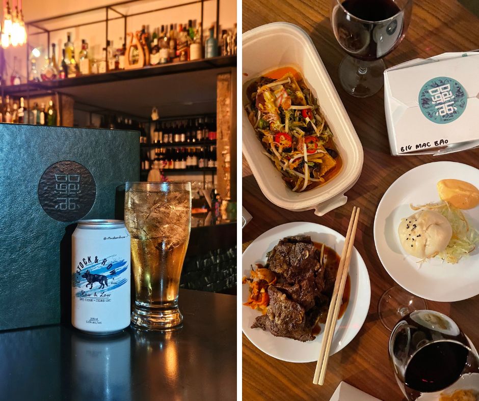 DaiLo cider on the left and overhead shot of takeout on the right