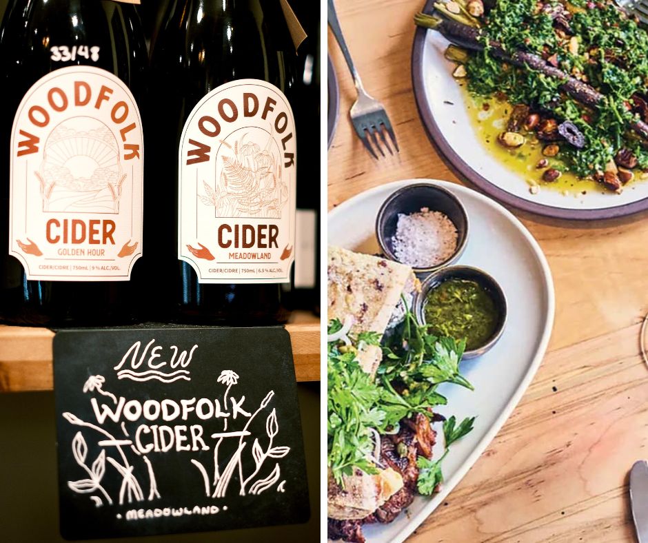 grid of woodfolk cider on the left and an overhead shot of a meal from the common stove on the right