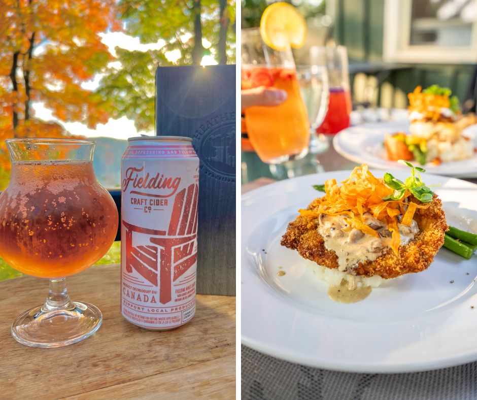 grid of heather lodge showing fielding cider poured into a glass on the left and a schnitzel on the right