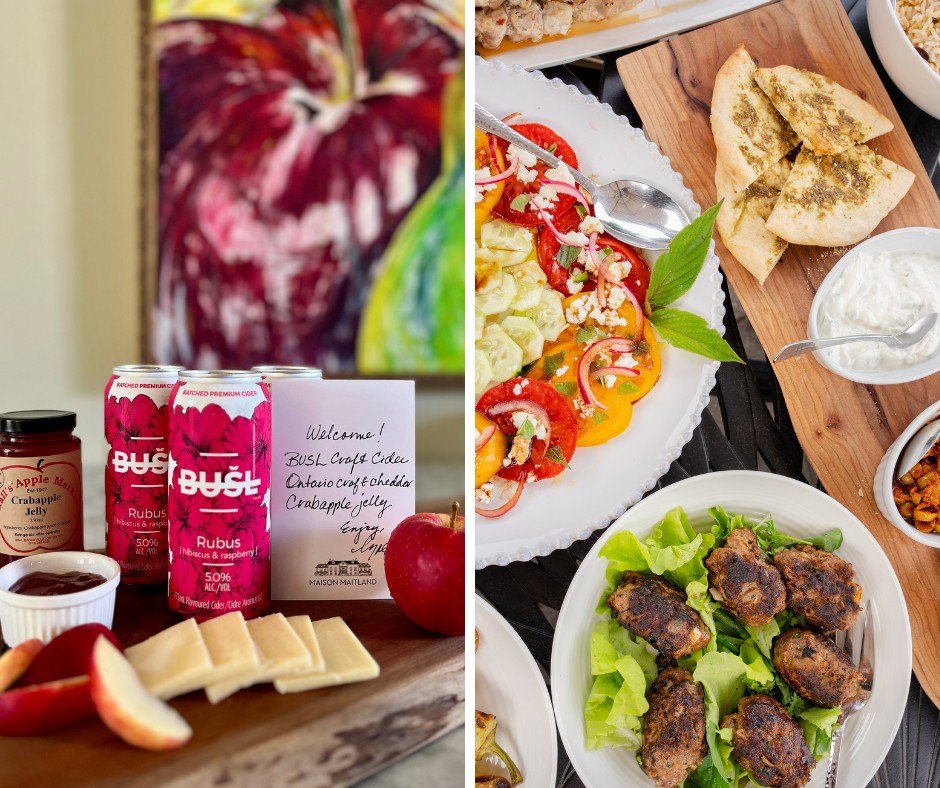 grid of BUSL cider on a cheese board at Maison Maitland on the left and an overhead shot of Maison Maitland meal including kofka, tomatoes and pita bread at Maison Maitland on the right