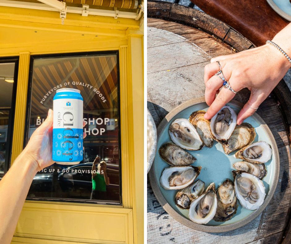 on the left, holding tawse cider up to the door of picnic, on the right an overhead shot of a hand grabbing an oyster from a plate of them