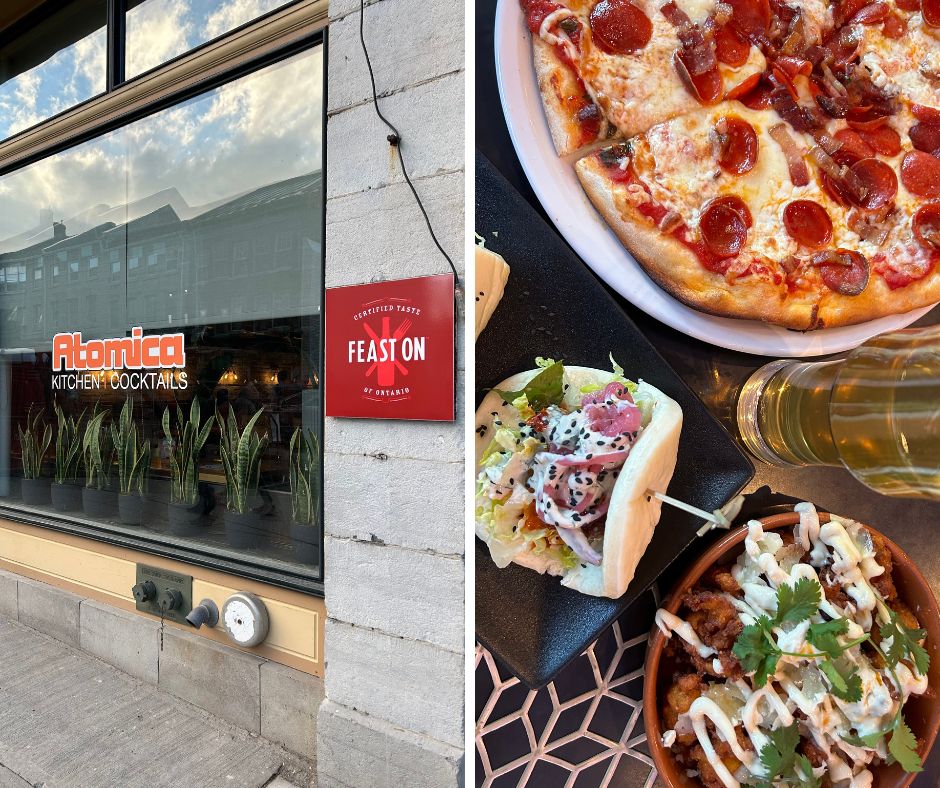 atomica exterior on the left, overhead shot of pizza and bao buns on the right